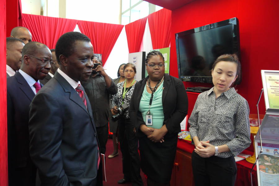 PM Dr Keith Mitchell leading a party of dignitaries visiting an exhibition booth at the opening ceremony of the Caribbean Telecommunications Union 25th Anniversary ICT Week, at Hyatt Regency, Port of Spain, Trinidad, February 2, 2015. Photo courtesy: Caribbean Telecommunications Union. 