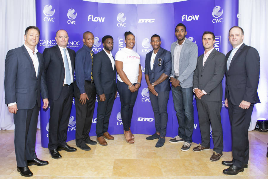 CWC shares a moment with the athletes present at the press conference announcing the award of Broadcast rights in the Caribbean to CWC. From left: John Reid, President, Consumer Group, CWC; Niall Merry SVP, Consumer Commercial and Group CCO; Fallon Forde, Sprinter from Barbados; Ramon Fuller, Track and Field Athlete from the Bahamas; Cleopatra Borel, Shot-putter from Trinidad and Tobago; Demetrius Pinder, Track and Fielder from the Bahamas; Jehue Gordon, from Trinidad and Tobago; Andrew Lewis, Sailing from Trinidad and Tobago and Brian Collins, Managing Director Trinidad and Tobago, Consumer Group, CWC.