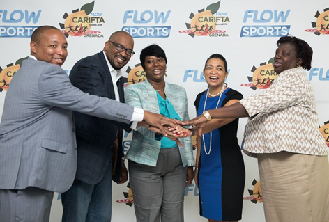 CWC, Government and NACAC Officials at the CARIFTA Games 2016 Launch. (l-r) James Pitt - Country Manager - CWC Grenada; Jean-Pierre Alain - Treasurer , NACAC; Emmalin Pierre - Minister for Youth, Sports & Religious Affairs; Denise Williams - SVP Communications - CWC; Veda Bruno-Victor - Chairwoman, Local Organising Committee Flow CARIFTA Games