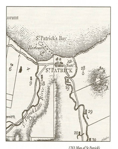 Excerpt from Pinel’s 1763 map of Grenada, showing the location of a battery over-looking the St. Patrick’s River. It would have also been the general area of the Notre Dame du Bon Secours Catholic Church constructed c. 1718 on the site of the Police Station ruins. The Catholic Church was appropriated by the Protestants for the use as an Anglican Church, but it was destroyed during Fedon’s Rebellion in 1795-96. It is most likely the historical site of Leapers’ Hill and not the celebrated site behind the current Catholic Church on the opposite hill.