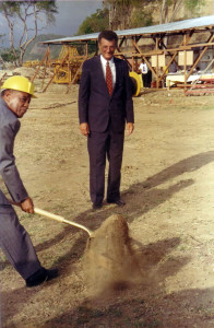 A vigorous turn of the sod from Prime Minister Sir Nicholas Brathwaite, January 1991