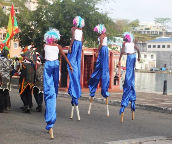 Moko Jumbies on parade at Spicemas launch. Photo: Jean Renel Pierre Louis
