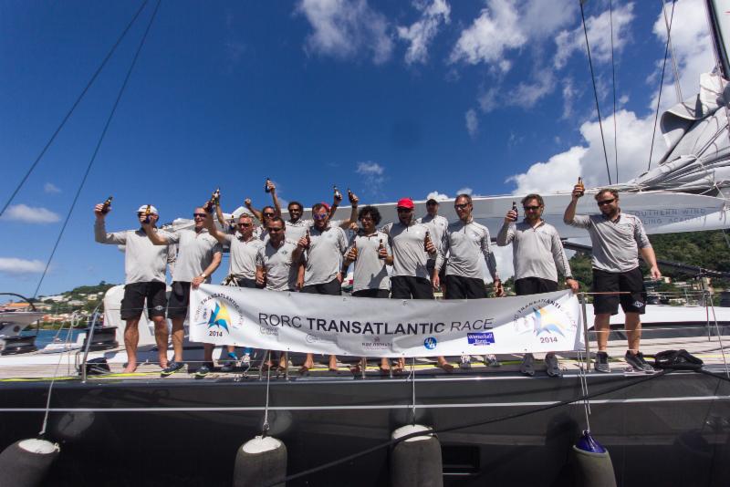 Crew of Windfall celebrate dockside at Port Louis Marina © RORC/Arthur Daniel & Orlando K Romain