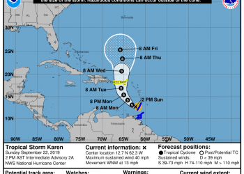 Tropical Storm Karen 60 miles north of Grenada