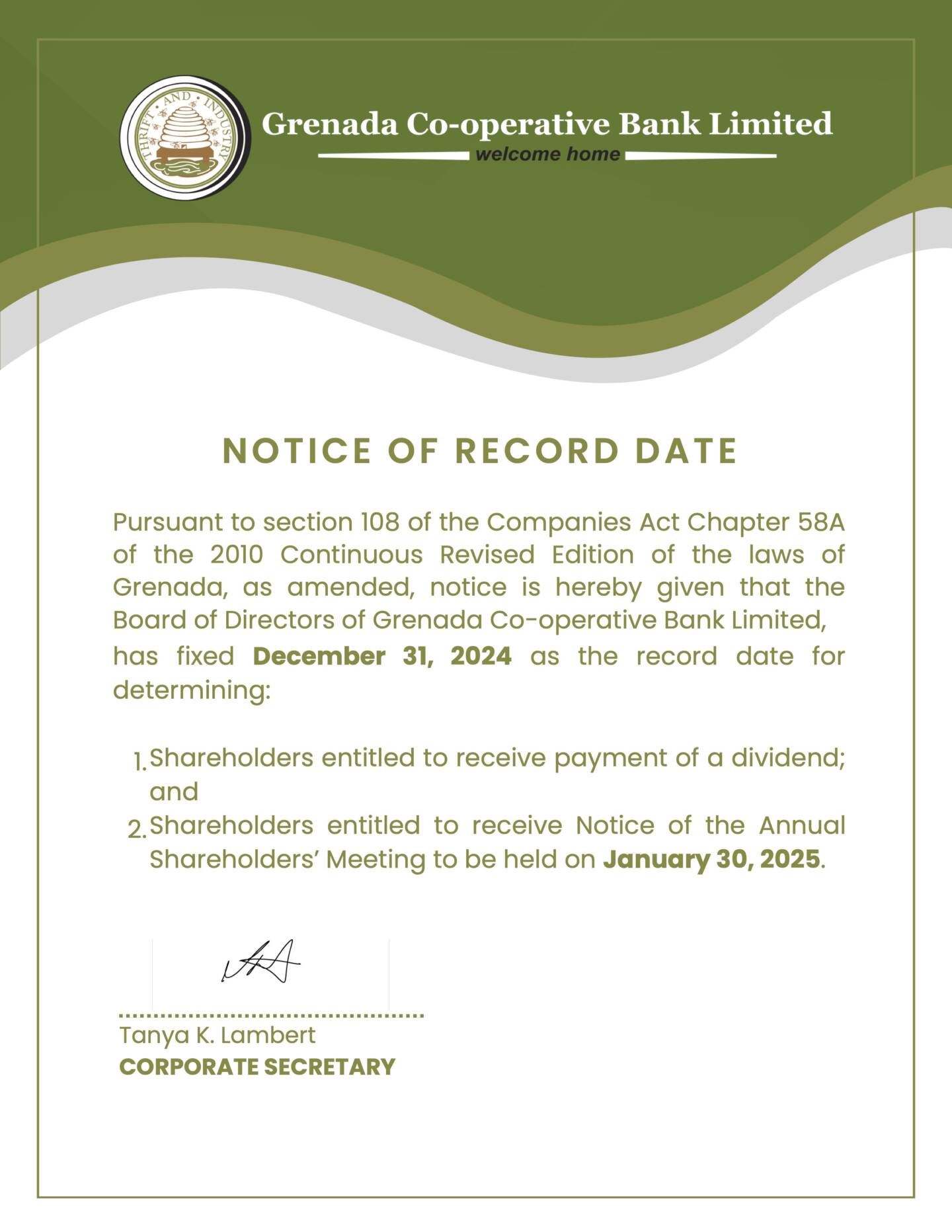 Grenada Co-operative Bank Limited: Notice of Record Date