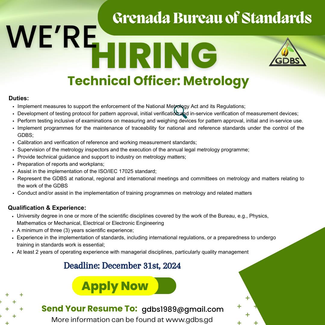 Grenada Bureau of Standards: Job Vacancy — Technical Officer, Metrology