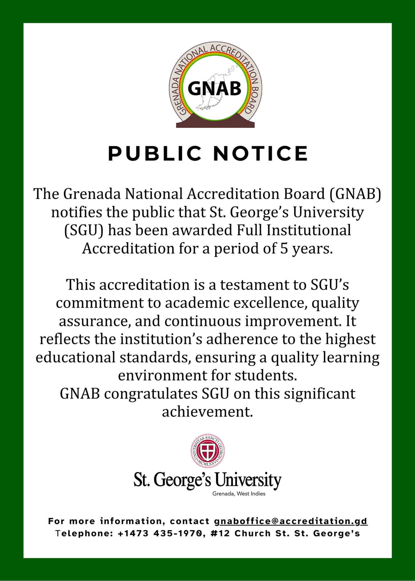 SGU awarded Full Institutional Accreditation for 5 years