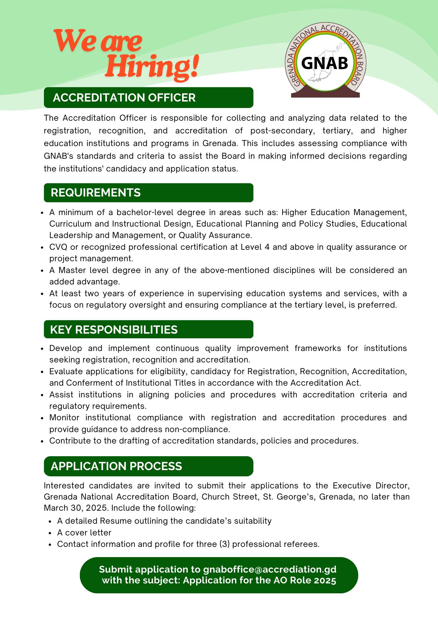 Grenada National Accreditation Board vacancy: Accreditation Officer