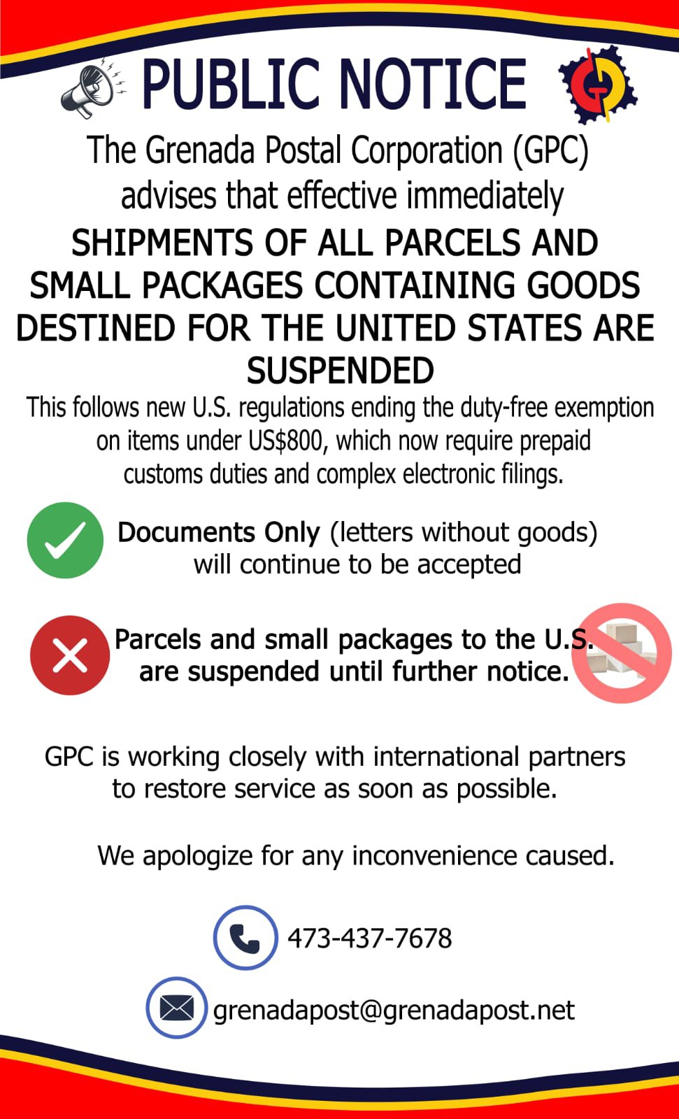 Grenada Postal Corporation suspends shipment of small parcels to US
